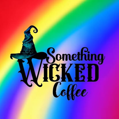 Something Wicked Coffee logo over a rainbow pride background