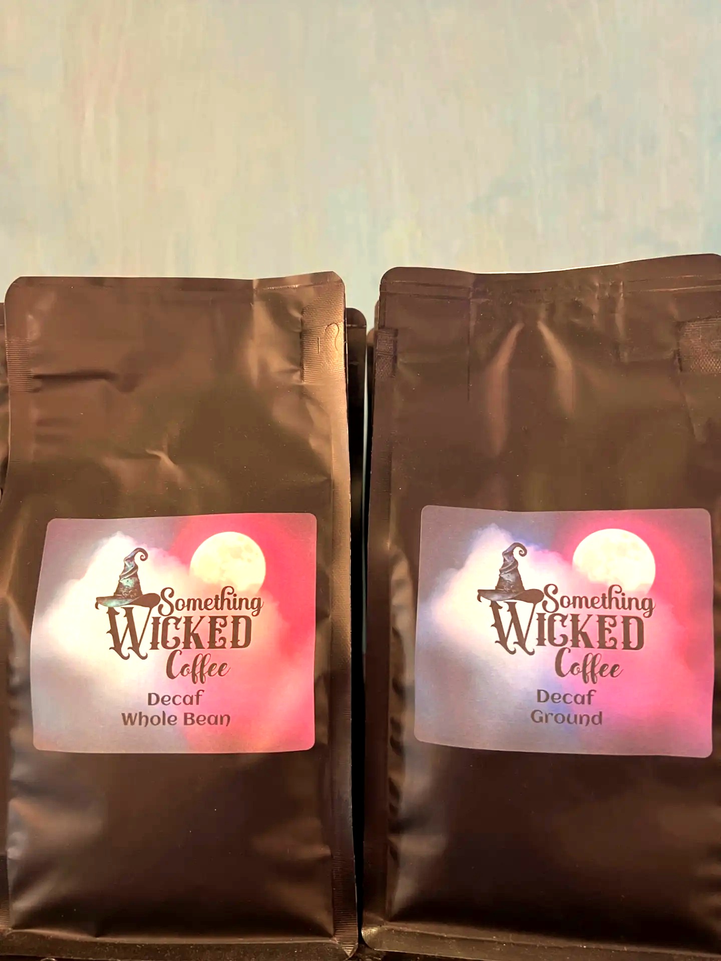 Something Wicked Coffee decaf bags, whole bean and ground