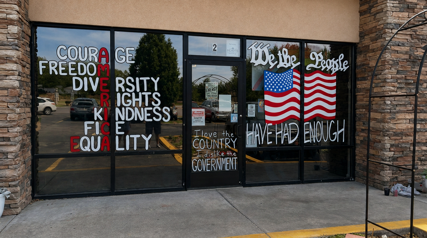 Something Wicked Coffee storefront window painted with COURAGE, FREEDOM, DIVERSITY, KINDNESS and EQUALITY