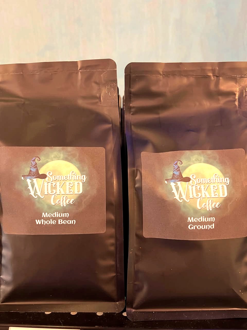 Something Wicked Coffee medium roast bags, whole bean and ground
